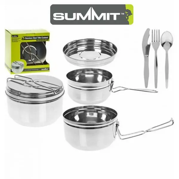 Summit Tiffin Cooking Portable 6 Piece Camping Caravan Festival Pots Pan Cutlery