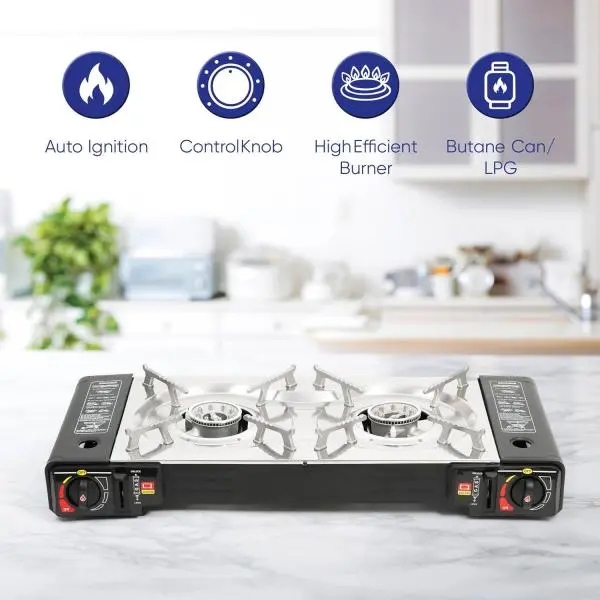Leisurewize Portable Double Burner Stove with Carry Case Automatic Ignition & Heat Control LW716
